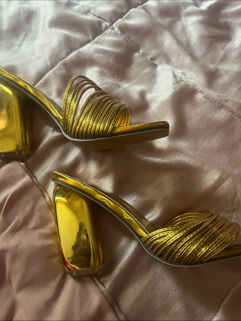 Fashion Nova Metallic Gold Multi-Strap Block Heel Sandals